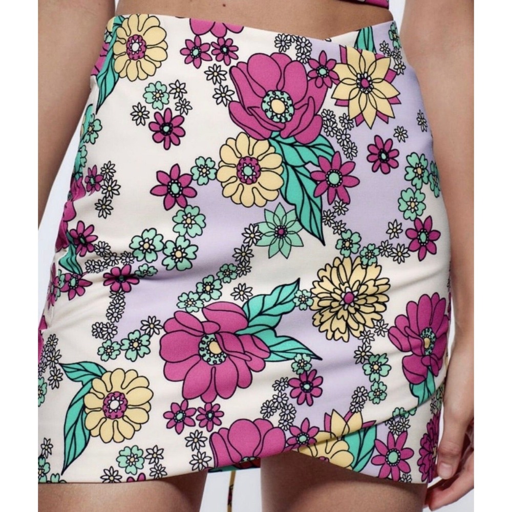 ZARA New Floral Mini Skirt MEDIUM Multicolor Stretch Women’s 8342/008 ROMANIA - Picture 9 of 16